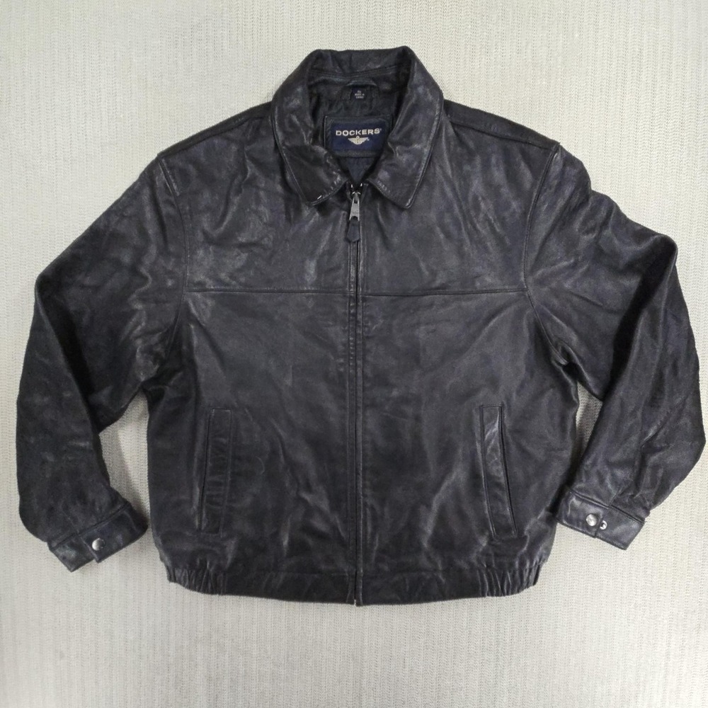 Dockers Jacket Mens XL Black Leather Bomber Full Zip Lined Pockets Elastic Hem